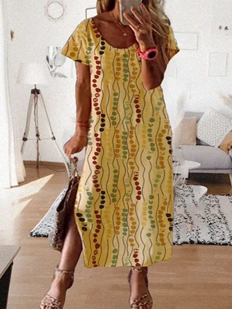 Summer Upf Clothing - Plus Size Yellow Printed Midi Dress,