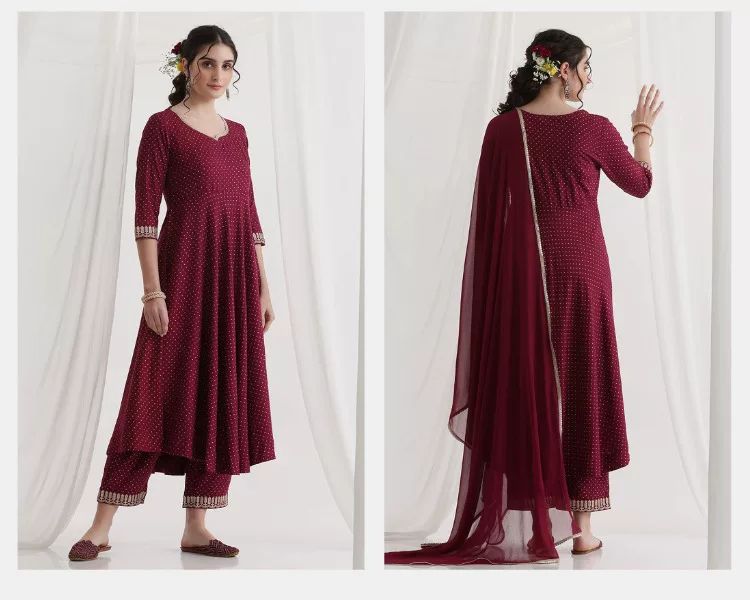 Women Maroon Ethnic Kurta Set  - đánh giá và giá Summer Clothing Pakistan